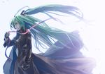  aqua_eyes aqua_hair breasts cleavage fingerless_gloves gloves hair_ribbon hatsune_miku jacket leather leather_jacket long_hair medium_breasts ribbon solo trench_coat vocaloid yahako 