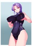  bad_id bad_pixiv_id blue_background breast_lift breasts covered_navel gradient gradient_background highres huge_breasts impossible_clothes impossible_swimsuit long_hair one-piece_swimsuit original parted_lips purple_hair red_eyes solo swimsuit thighs vuccha 