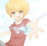  angel_wings fang male_focus open_mouth outstretched_arm re:kinder red_shirt shirt smile solo spoilers star takumi_(re:kinder) takumiel wings yumekoneko 