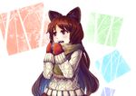  animal_ears azumi_(madogiwa_bocchi_seki) brown_hair imaizumi_kagerou long_hair mittens open_mouth red_eyes solo sweater touhou winter_clothes wolf_ears 