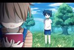  black_hair blue_eyes book brown_hair crying fake_screenshot forest mizuoka_yuuichi multiple_boys nature re:kinder shirt short_hair shorts striped striped_shirt suspenders takano_shunsuke tears tree white_shirt yumekoneko 