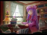  blue_ribbon book bookshelf capelet character_name crescent crescent_hair_ornament double_bun dress frilled_dress frills hair_ornament hair_ribbon hat hat_ribbon highres indoors long_hair looking_at_viewer mob_cap patchouli_knowledge purple_eyes purple_hair qianbi red_ribbon ribbon sitting solo striped touhou window 