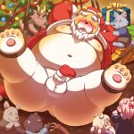  2016 anthro balls belly black_nose blush bound canid canine canis christmas clothing cute_fangs dragon erection eyes_closed female group holidays humanoid_hands humanoid_penis lako male mammal moobs navel nipples overweight overweight_male penis shirt shorts ursid wolf young 