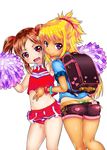  ass backpack bag blonde_hair bracelet brown_hair cheerleader heart highres holding jewelry kneepits long_hair looking_at_viewer mudou_eichi multiple_girls nail_polish open_mouth original panties pleated_skirt pom_poms purple_eyes randoseru red_eyes scrunchie short_shorts shorts sidelocks skirt tan thong twintails underwear v whale_tail 