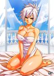  alternate_costume bed bed_sheet breasts cleavage folded_ponytail jadenkaiba large_breasts league_of_legends lips naked_towel off_shoulder red_eyes riven_(league_of_legends) seiza sitting solo towel white_hair 