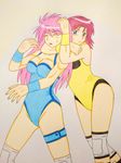  2girls highres leotard mighty_yukiko multiple_girls sawazaki_hikaru traditional_media wrestle_angels wrestle_angels_survivor wrestling wrestling_outfit 