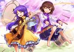  azumi_(madogiwa_bocchi_seki) barefoot biwa_lute brown_eyes brown_hair closed_eyes crescent dress drum flower flute hair_flower hair_ornament hairband instrument long_hair lute_(instrument) multiple_girls music one_eye_closed open_mouth plectrum purple_hair short_hair siblings singing sisters skirt smile star touhou tsukumo_benben tsukumo_yatsuhashi twintails 