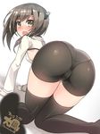  all_fours ass bike_shorts black_legwear blush breasts brown_hair character_name dated embarrassed from_behind headband highres kantai_collection kuro_chairo_no_neko long_hair long_sleeves looking_back open_mouth panties_under_bike_shorts pantylines sideboob sidelocks small_breasts solo taihou_(kantai_collection) thighhighs twitter_username yellow_eyes 