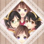  :d :o black_hair brown_eyes brown_hair face glasses green-framed_eyewear green_eyes hairband haruna_(kantai_collection) hiei_(kantai_collection) kantai_collection kirishima_(kantai_collection) kongou_(kantai_collection) long_hair michika_d multiple_girls open_mouth purple_eyes remodel_(kantai_collection) short_hair smile 