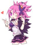  bare_shoulders breasts crown disgaea feather_boa heart long_hair looking_at_viewer makai_senki_disgaea_5 pink_hair pointy_ears ponytail purple_eyes seraphina seraphina_(disgaea) skirt wink 