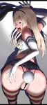  absurdres amano_don anal_tail ass ass_focus bad_id bad_pixiv_id blonde_hair blush brown_eyes bunny_tail butt_plug elbow_gloves fake_tail from_behind gloves heart heart-shaped_pupils highres kantai_collection long_hair looking_at_viewer looking_back naughty_face partially_visible_vulva shimakaze_(kantai_collection) solo symbol-shaped_pupils tail thong tongue wedgie 