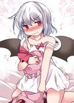  bad_id bad_pixiv_id bare_shoulders bat_wings bed bed_sheet blush clothes_removed collarbone dress dress_removed embarrassed hammer_(sunset_beach) hat lavender_hair looking_at_viewer mob_cap red_eyes remilia_scarlet short_hair slit_pupils solo strap_slip touhou trembling wavy_mouth wings 