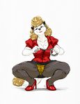  anthro beauty_mark blonde_hair blue_eyes breasts camel_toe canine clothed clothing crouching dog duct_tape female hair high_heels lipstick mammal panties panty_shot plain_background poodle skirt solo thetiedtigress underwear upskirt white_background 