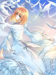  ahoge artoria_pendragon_(all) bird blonde_hair dress fate/stay_night fate_(series) flock green_eyes hair_down saber solo tg white_dress 