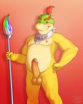  2019 5_fingers abs absurd_res anthro anthrofied balls bandanna belly big_belly bowser_jr. brush claws digital_media_(artwork) erection hair hi_res horn humanoid_penis koopa looking_at_viewer male mario_bros musclegut muscular nintendo nipples nude penis ponytail reptile scalie signiture simple_background smile solo standing timidwithapen video_games 