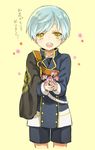  aqua_hair cape child flower ichigo_hitofuri male_focus masunosushi military military_uniform open_mouth shorts smile solo touken_ranbu translation_request uniform yellow_eyes younger 