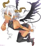  ankle_boots bare_shoulders black_legwear boots braid breasts chain collar cross demon_girl earrings grey_footwear horns isshiki_(ffmania7) jewelry jpeg_artifacts leaning_forward long_hair medium_breasts original pointy_ears sideboob silver_hair smile solo tail tan thighhighs twitter_username wings yellow_eyes 