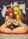  armlet bandages bare_shoulders blonde_hair blue_eyes bracelet breasts cleavage commentary earrings feathered_wings feathers gold gurimjang halo head_wings holding_hands jewelry large_breasts light_smile lips long_hair looking_at_viewer multiple_girls o-ring original parted_lips siblings sisters thighs wings 