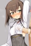  1girl arm_up armpits blush breasts brown_eyes brown_hair covered_nipples erection frottage headband headgear hetero kantai_collection kumadano looking_at_viewer naizuri open_mouth penis penis_under_clothes short_hair small_breasts solo_focus taihou_(kantai_collection) testicles 