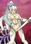  artist_name axe blush bra breasts commentary commission crotch_rub english_commentary labrys large_breasts long_hair masturbation my_pet_tentacle_monster nipples no_panties one_eye_closed open_mouth persona persona_4:_the_ultimate_in_mayonaka_arena pink_background ponytail pussy pussy_juice red_eyes shelf_bra solo sweat underwear watermark weapon 