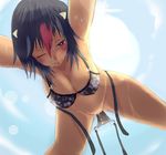  bikini black_hair blush breasts cleavage hanging_breasts horns kijin_seija large_breasts lens_flare looking_at_viewer multicolored_hair o-ring o-ring_bikini red_eyes red_hair short_hair solo sweat swimsuit touhou untied untied_bikini uribou wince 