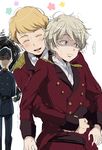  3boys aldnoah.zero blonde_hair flower harklight hug hug_from_behind kl klancain male_focus military military_uniform multiple_boys shaded_face slaine_troyard uniform 