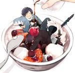  &gt;_&lt; anmitsu_(dessert) bad_id bad_pixiv_id berries blue_hair bridal_gauntlets cherry closed_eyes dessert food fruit hakama haori in_food japanese_clothes kashuu_kiyomitsu katana male_focus mandarin_orange miniboy multiple_boys open_mouth oze_(halcanaoze) pom_pom_(clothes) pouring pun purple_hair scarf sheath sheathed spoon sword syrup touken_ranbu weapon white_scarf yamato-no-kami_yasusada 