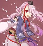  androgynous chin_strap hat ima-no-tsurugi japanese_clothes long_hair male_focus masunosushi open_mouth petals red_eyes silver_hair smile solo tokin_hat touken_ranbu 