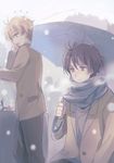  aldnoah.zero blonde_hair brown_hair kaizuka_inaho multiple_boys scarf slaine_troyard snowing umbrella xhouz 