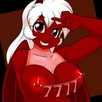  2015 anthro anthrofied areola breasts chilly_pepper clothing dragon equine eyeshadow fan_character fangs female hair horn hybrid kloudmutt looking_at_viewer makeup mammal membranous_wings my_little_pony nipple_piercing nipples peace_sign piercing portrait red_eyes smile solo unicorn white_hair wings 