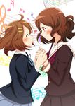  ^_^ beamed_eighth_notes blush brown_eyes brown_hair closed_eyes company_connection crossover eighth_note fox-zgmf from_side hair_ornament hairclip half_note hibike!_euphonium highres hirasawa_yui holding_hands k-on! multiple_girls musical_note neckerchief oumae_kumiko profile quarter_rest red_neckwear sakuragaoka_high_school_uniform school_uniform serafuku short_hair sixteenth_rest smile staff_(music) thirty-second_note trait_connection treble_clef 