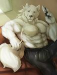  abs anthro biceps big_muscles canine cinna-tree fur male mammal muscles pecs smoking white_wolf 