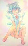  acrylic_paint_(medium) blue_eyes blue_hair bow chestnut_mouth cirno covering covering_crotch dress full_body graphite_(medium) hair_between_eyes hair_bow highres ice ice_wings no_socks open_mouth pink_background puffy_short_sleeves puffy_sleeves red_footwear shoes short_hair short_sleeves sitting solo touhou traditional_media v_arms watercolor_(medium) wings yuyu_(00365676) 