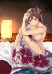  1girl absurdres arashio_(kantai_collection) bare_shoulders breasts brown_eyes brown_hair chiaki_(haigore) covering covering_breasts flower futon hair_bun hair_flower hair_ornament highres japanese_clothes kantai_collection kimono long_hair naked_kimono no_bra no_panties nude sitting 