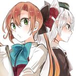  akigumo_(kantai_collection) amatsukaze_(kantai_collection) back-to-back brown_eyes brown_hair dress green_eyes hair_ribbon hairband itomugi-kun kantai_collection long_hair lowres multiple_girls ponytail ribbon sailor_dress school_uniform silver_hair two_side_up uniform 