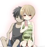  1girl black_hair blush brown_eyes brown_hair cellphone closed_eyes dark_skin hiroto_(re:kinder) lying_on_person phone re:kinder rei_(re:kinder) short_hair shorts sitting tank_top yumekoneko 