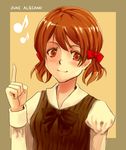  bad_id bad_pixiv_id bow bowtie brown_hair character_name eighth_note eyebrows_visible_through_hair juni_argiano musical_note pointing pointing_up potepote quartett! school_uniform short_hair solo 