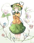  alternate_hair_length alternate_hairstyle arms_behind_back blouse bow diamond_(shape) dissolving floral_print flower frilled_skirt frills green_eyes green_skirt grey_background hat hat_bow komeiji_koishi long_sleeves looking_at_viewer niromi plant rose short_hair skirt smile solo tears third_eye touhou transparent vines white_background yellow_bow 