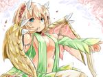  bare_shoulders blue_eyes breasts choker commentary_request dragon_girl dragon_wings echidna_(sennen_sensou_aigis) flower hair_flower hair_ornament koko_(hm142533) large_breasts light_brown_hair navel outstretched_arm pointing sennen_sensou_aigis sitting wings 