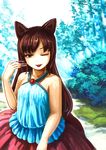  adapted_costume alternate_costume animal_ears azumi_(madogiwa_bocchi_seki) brooch brown_eyes brown_hair dress fingernails highres imaizumi_kagerou jewelry long_fingernails long_hair looking_at_viewer nail_polish nature sleeveless smile solo tongue tongue_out touhou tree wolf_ears 