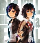  artist_name back-to-back big_hero_6 black_hair blue_eyes breasts brown_eyes crossover eyeshadow fingerless_gloves gloves gogo_tomago hand_in_pocket highres jacket kill_la_kill konno_(kon_noooo) leather leather_jacket letterman_jacket locked_arms look-alike looking_at_viewer makeup matoi_ryuuko multicolored_hair multiple_girls nose purple_hair shirt short_hair small_breasts smile streaked_hair wristband 