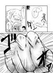  child clenched_hand comic curly_hair dress flying greyscale highres monochrome monster one-punch_man open_mouth short_hair takasakiyama_monmon tatsumaki tears teeth tongue translated 