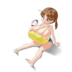  1girl artist_request blush breasts brown_eyes brown_hair bursting_breasts cleavage deep_skin feet female gigantic_breasts mo_dame_kuuki simple_background sitting solo thighs toes white_background 