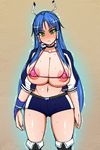  1girl areola_slip areolae blue_hair blush breasts character_request erect_nipples full-face_blush hatomame huge_breasts long_hair looking_at_viewer micro_bikini navel solo standing tears 