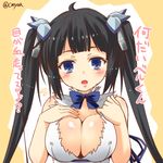  absurdres arm_ribbon bare_shoulders black_hair blue_eyes blue_ribbon blush bow breasts cleavage cleavage_cutout dress dungeon_ni_deai_wo_motomeru_no_wa_machigatteiru_darou_ka hair_ornament hair_ribbon hand_on_breast hands_on_own_chest hestia_(danmachi) highres large_breasts long_hair looking_at_viewer open_mouth rei_no_himo ribbon short_dress sleeveless sleeveless_dress solo twintails upper_body very_long_hair white_dress yua_(checkmate) 