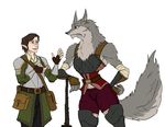  adele armor belt brown_hair canine clothed clothing color corset cyril duo ear_piercing elf female fingerless_gloves gauntlets gloves green_eyes guoh hair male mammal piercing size_difference were werewolf yellow_eyes 
