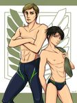  abs aequor artist_name bad_id bad_pixiv_id black_hair brown_hair emblem erwin_smith insignia jammers levi_(shingeki_no_kyojin) male_focus male_swimwear multiple_boys nipples shingeki_no_kyojin short_hair survey_corps_(emblem) swim_briefs swimwear 