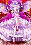  aya-on_(miria00) bat_wings dress fang_out frilled_dress frills hat hat_ribbon highres mary_janes mob_cap puffy_short_sleeves puffy_sleeves red_eyes remilia_scarlet ribbon shoes short_hair short_sleeves silver_hair smile touhou wings 