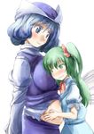  belly_grab belly_rub blue_eyes blue_hair bow breasts commentary_request daiyousei green_eyes green_hair hair_ribbon hat height_difference large_breasts letty_whiterock long_hair multiple_girls plump ribbon shirt_lift short_hair side_ponytail skirt skirt_set smile touhou wings yohane 