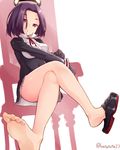  bare_legs barefoot batatata77 dorsiflexion feet gloves highres kantai_collection mechanical_halo purple_eyes purple_hair shoe_dangle shoes short_hair single_shoe soles tatsuta_(kantai_collection) uniform 